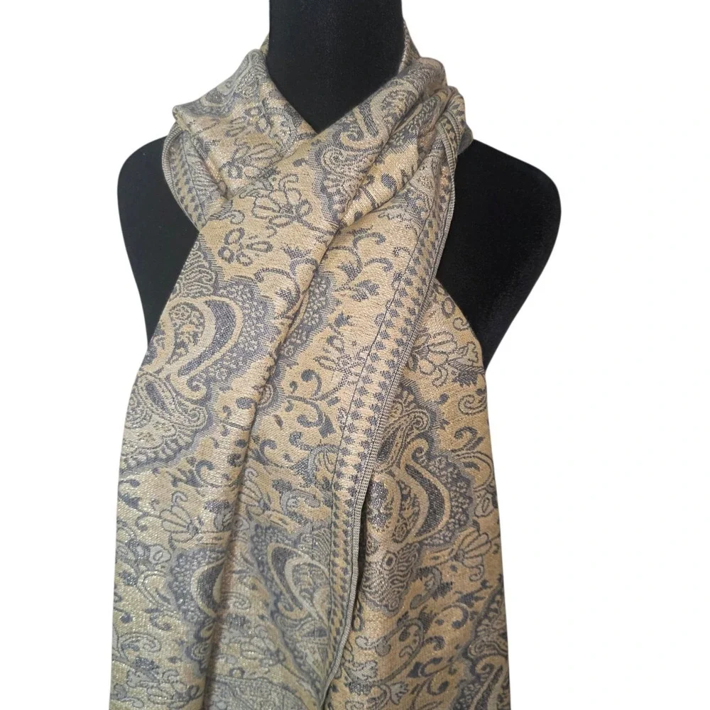 Pashmina Womens Gold Gray Paisley Silk Blend Fringe Reversible Wrap Scarf Shawl
